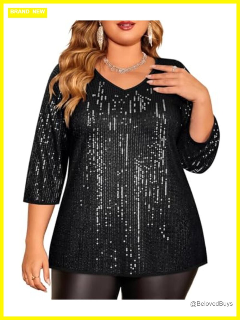 Plus Size Sequin Tunic Top 3/4 Sleeve V-Neck Party Blouse